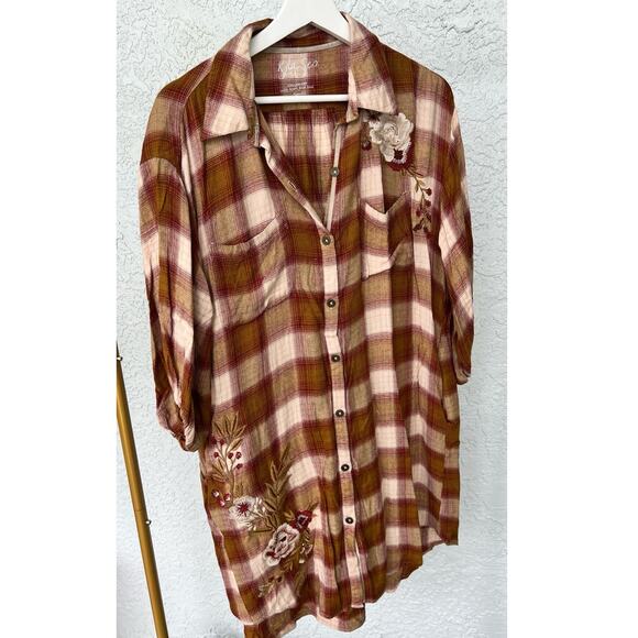 NWT Anthropologie Kyla Seo Shirt Dress Sz Small Embroidery Check Pattern - Picture 1 of 11